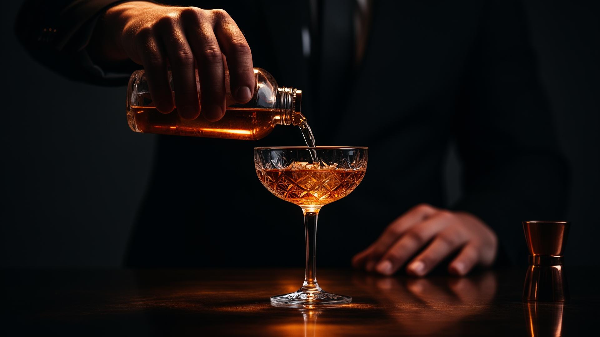Bartender pouring a copper-hued cocktail